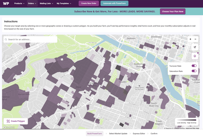 PowerFarm map with turnover data and saturation data