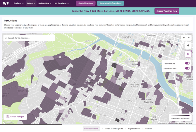 PowerFarm map with turnover data and saturation data