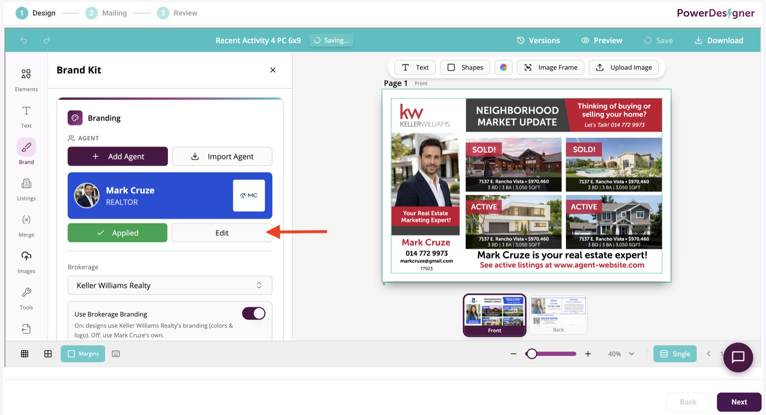 Editing an agent in the PowerDesigner Brand panel